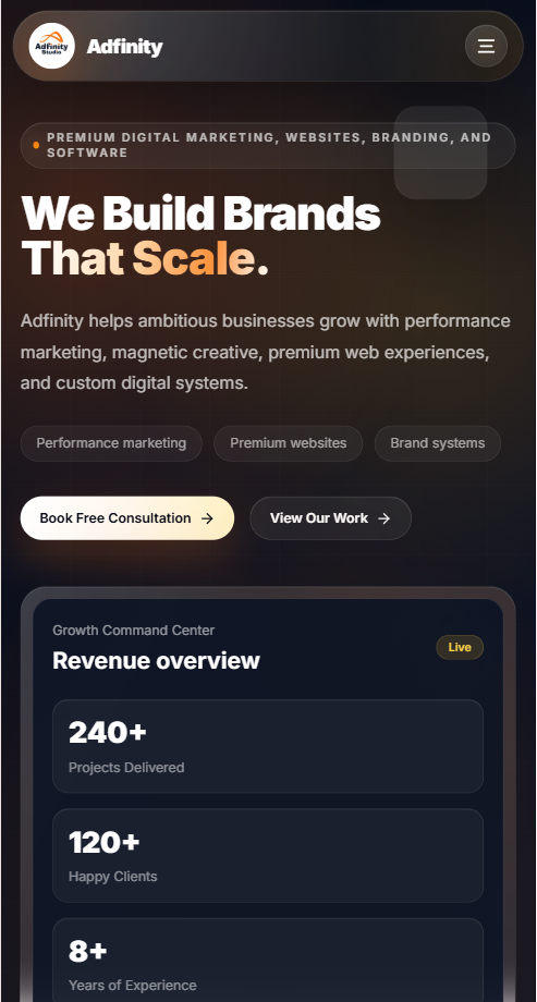 Mobile screenshot of the Adfinity Studio website