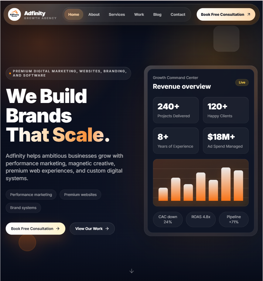 Tablet screenshot of the Adfinity Studio website